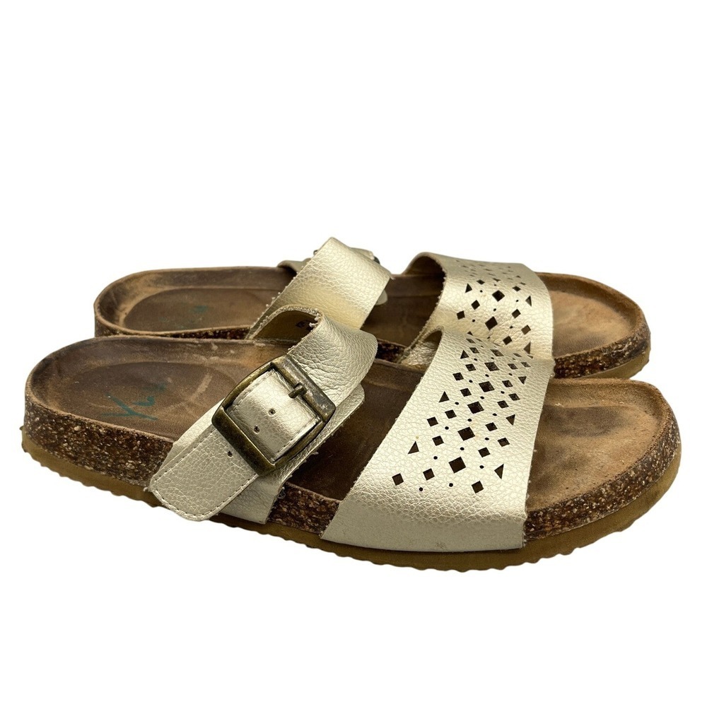 Yuu Poppy‎ Gold Laser Cut Double Strap Slide Cork Footbed Sandals 7 Womens